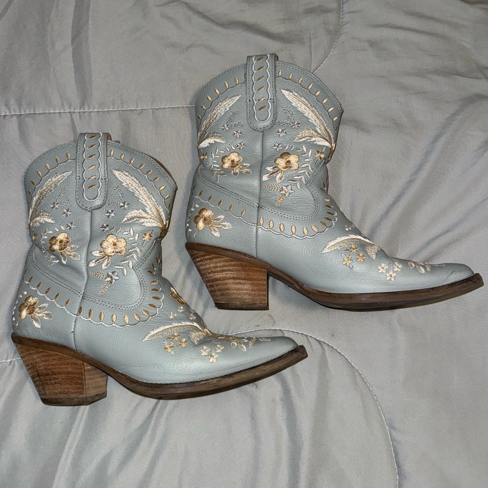 Dingo Blue and Gold Ankle Boots with Floral Embroidery - Picture 2 of 2
